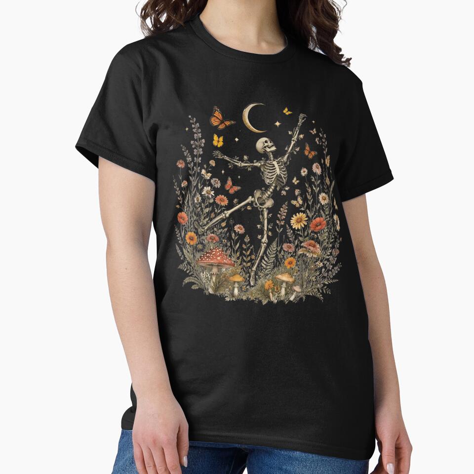 Dancing Skeleton Among Wildflowers Beneath Moonlit Butterflies by Daisy Grimes
