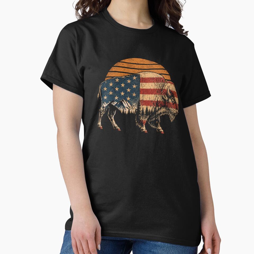Retro American Bison Flag Vintage Sunset Patriotic Wildlife by Moizento