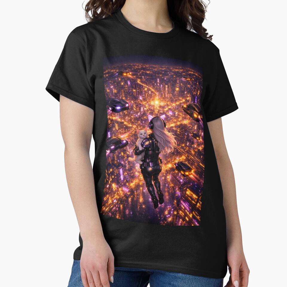 Cyberpunk Girl and White Cat Flying Over Neon Metropolis Art by UmSkelig834
