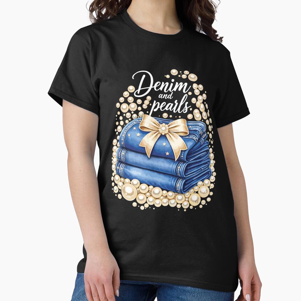 Denim with Pearls Stylish Mom Mothers Day Gift Chic Women Outfit by kiralynstration