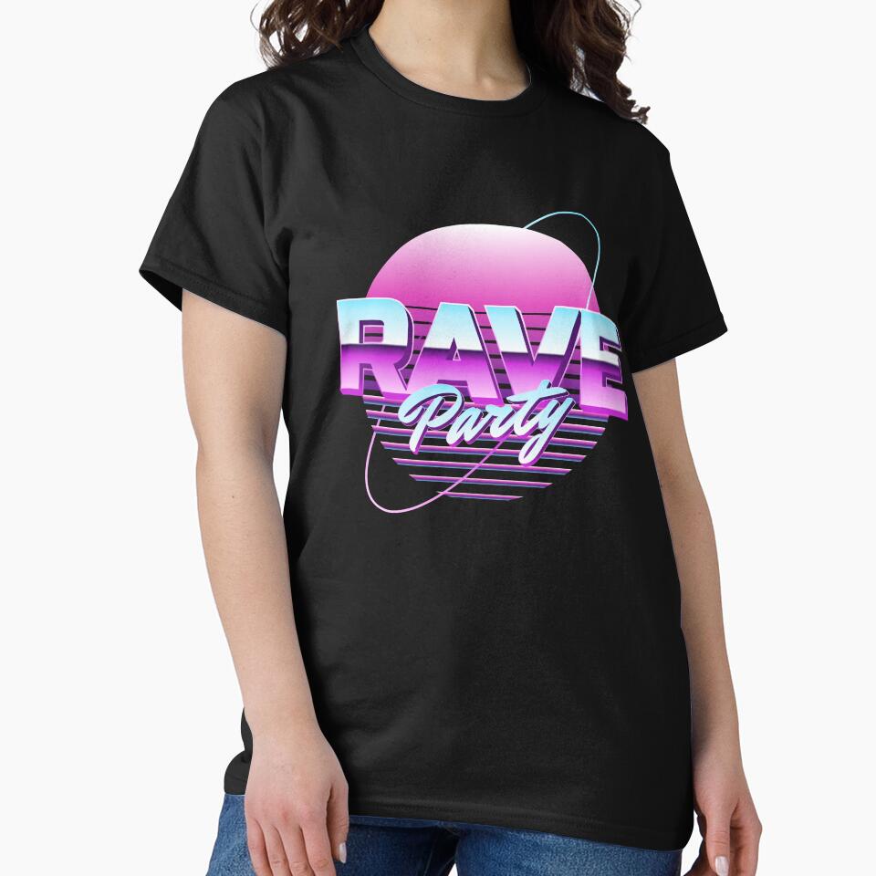 Rave Party 80s Synthwave Neon Planet Chrome Retro Stripe Typography Art by DERA RAY