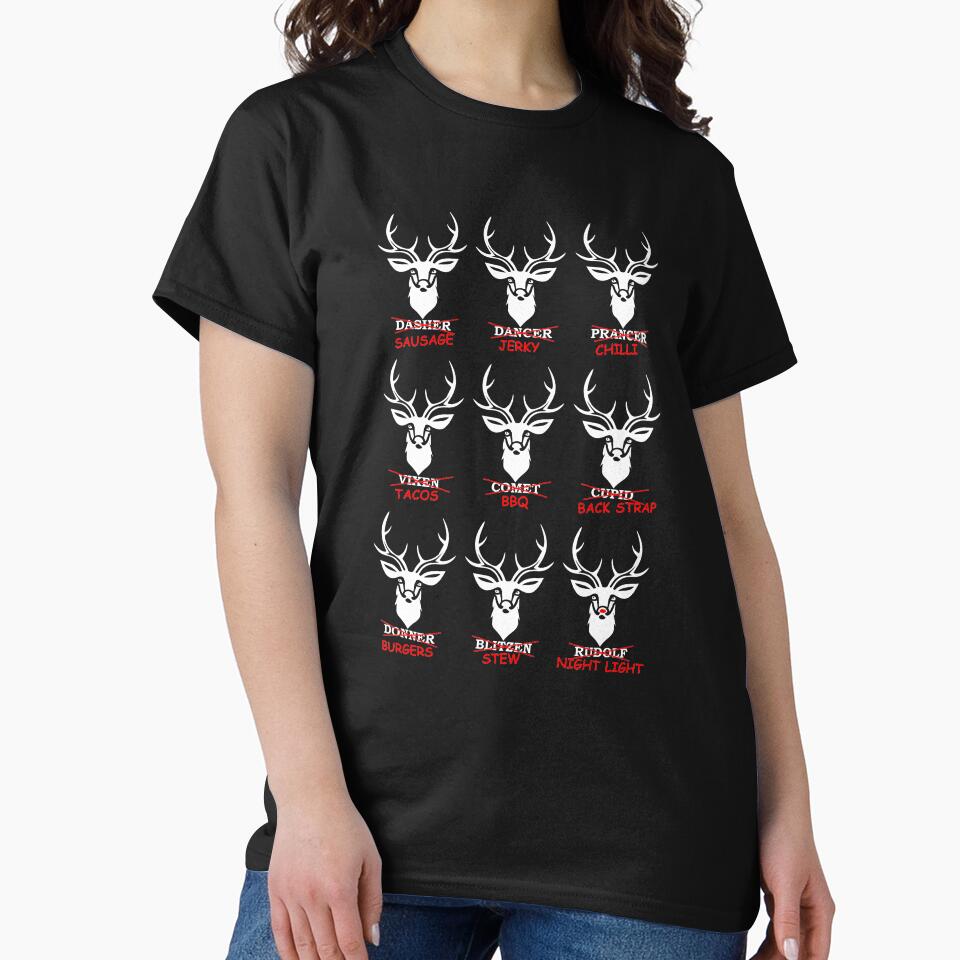 image of 9 deer heads with names of Santa's 9 reindeer but with the names crossed out white by hadleydesigns