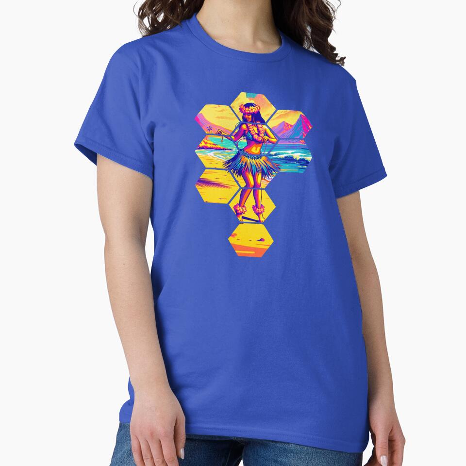 Retro Synthwave Hula Dancer Tropical Hexagon Mosaic by FIREDesignsPOD