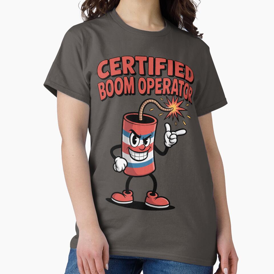 Certified Boom Operator – Patriotic Firecracker Cartoon by OldGloryForge