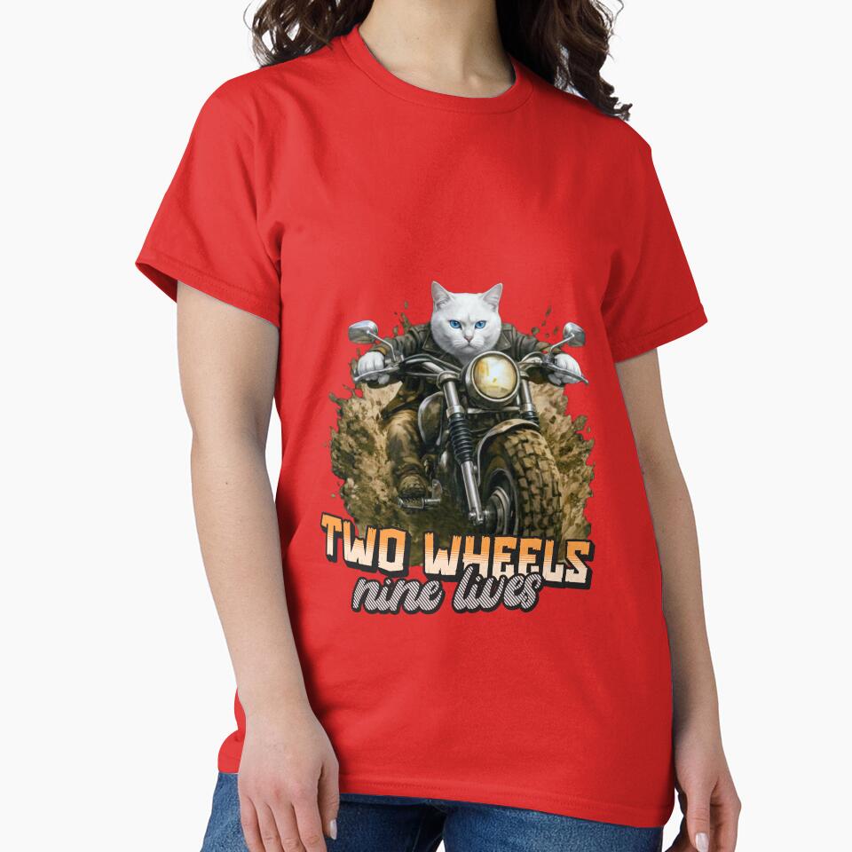 White Cat Motorcycle Art – Two Wheels Nine Lives Biker Cat Print Design by PixelsPaws