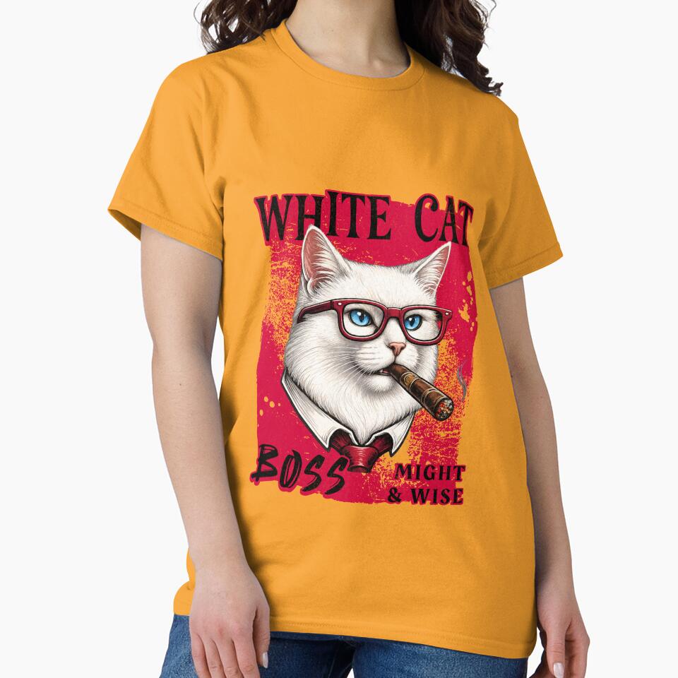 White Cat Boss Design – Funny White Cat with Cigar Mafia Style by PixelsPaws