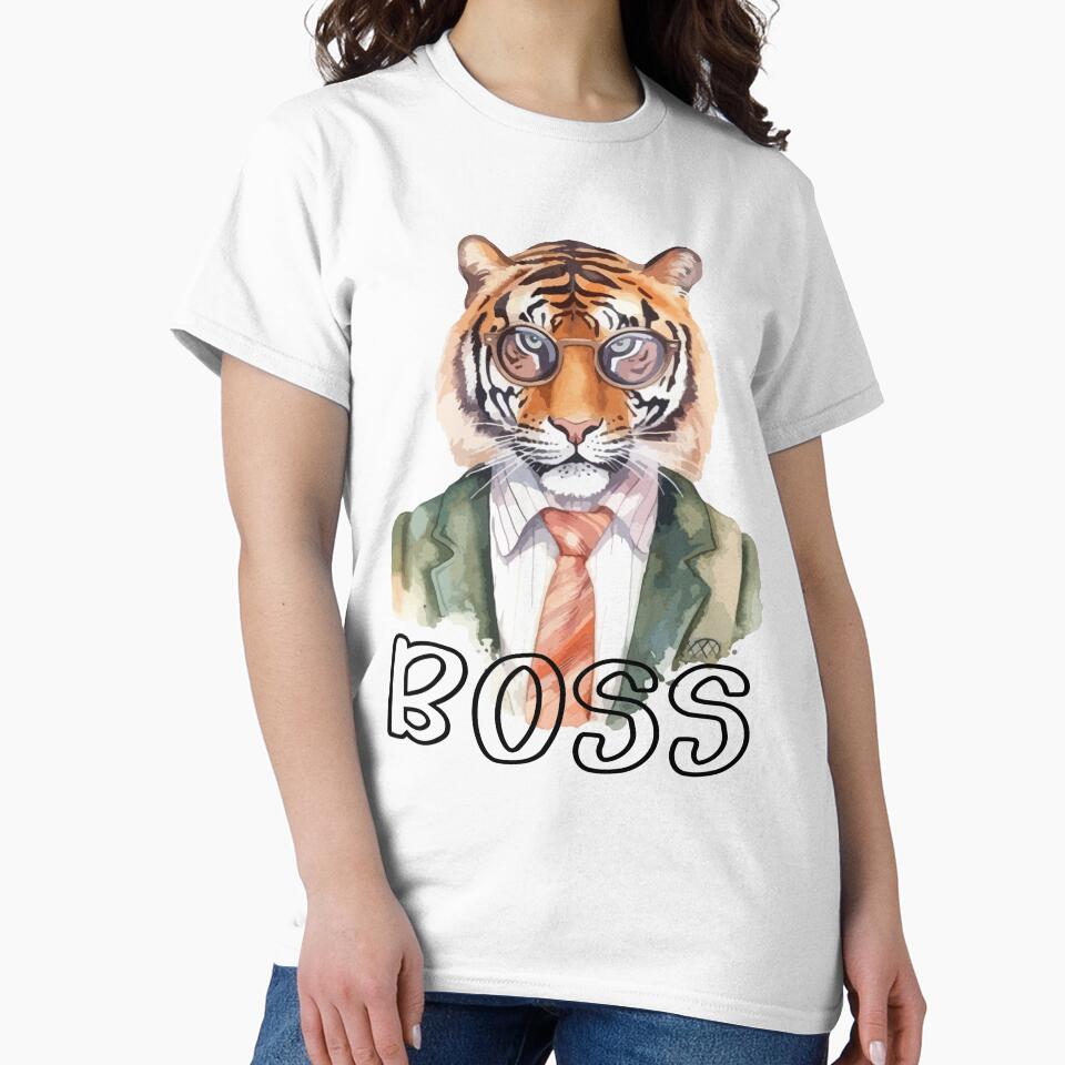 Watercolour tiger in a suit and glasses. Boss tiger - letter quote. Humor poster, t-shirt composition, hand drawn print style. by Anastasiia Yurevych