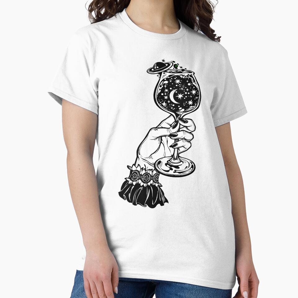 Elegant female hand holding a universe in a glass by ExocetMerch