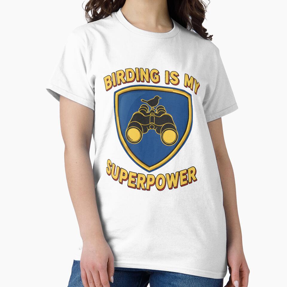 Birding Is My Superpower T-Shirt | Funny Birder Gift with Binoculars & Bird Silhouette in Hero Emblem by NatureNookTees