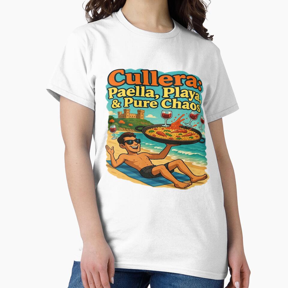 Cullera: Paella, Playa & Pure Chaos | Funny Spain Beach Vacation T-Shirt Design | Spanish Food & Travel Graphic for T-Shirts, Stickers, Hoodies, Mugs & Print-on-Demand by Sushikidsntod