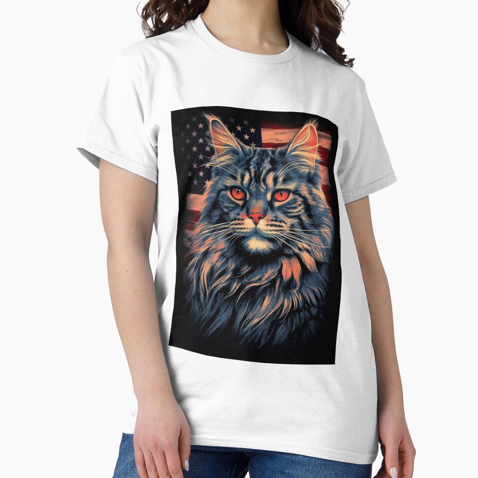 Patriotic Maine Coon - Flag in Background by ZenEverAI