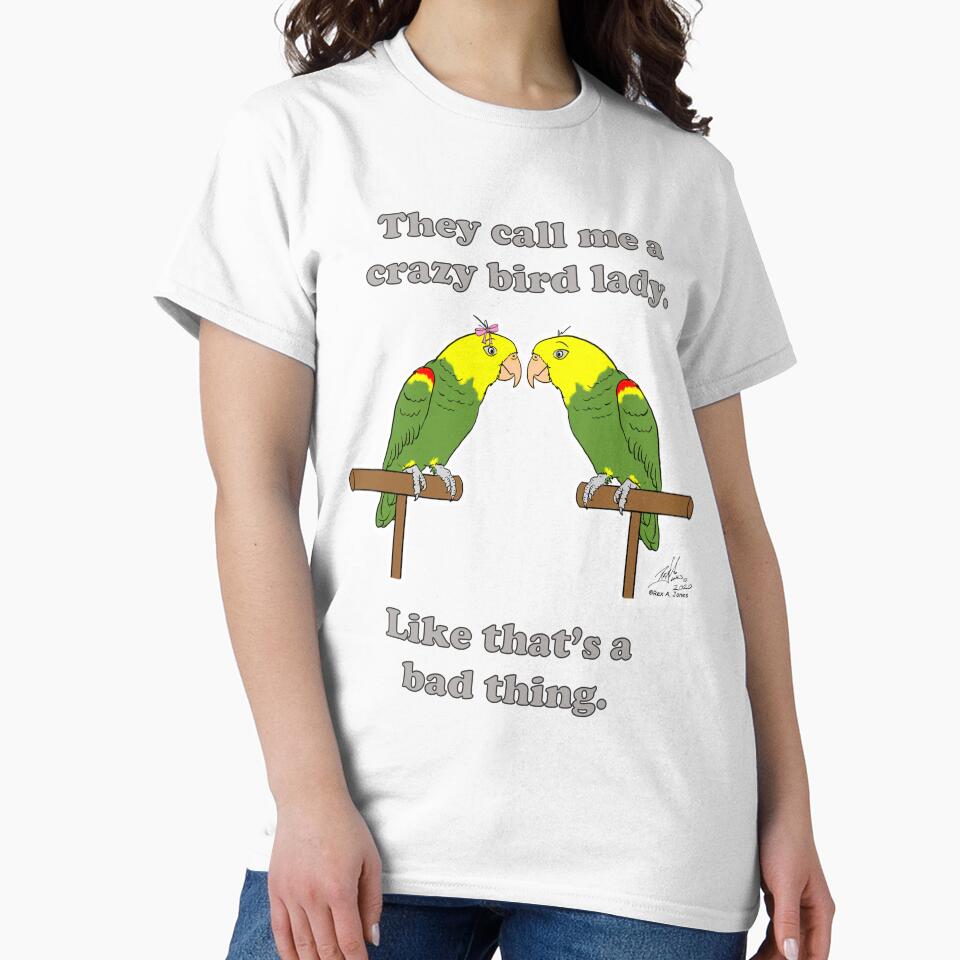 Crazy Bird Lady with double yellow-headed amazon by Laughing Parrot Studio