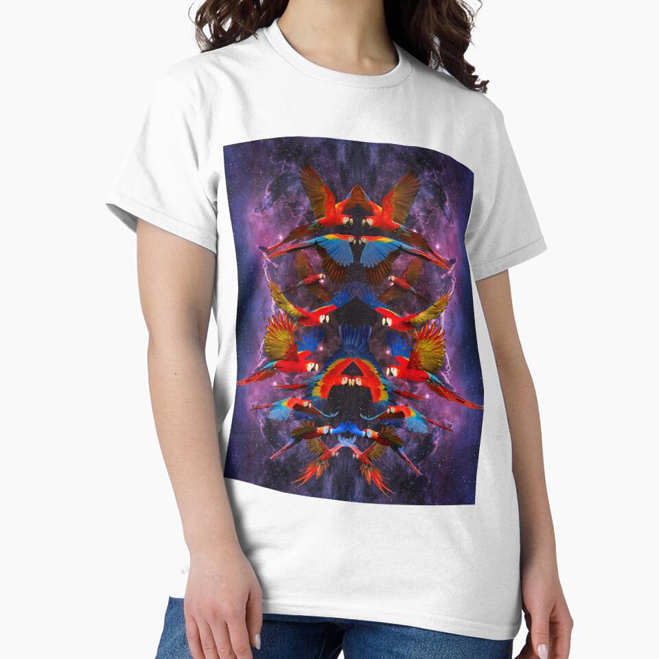 Flock of Scarlet Macaws with Purple Galactic Background by JungleVision