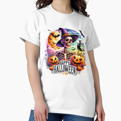 "Moonlit Fright – Skeleton and Pumpkins Halloween Night" by artedigital99