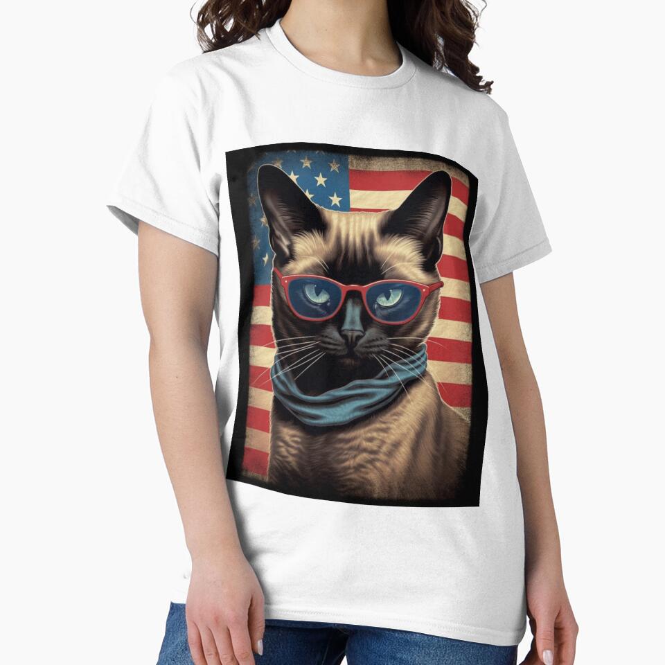 Patriotic Siamese Cat In Front Of American Flag by ZenEverAI