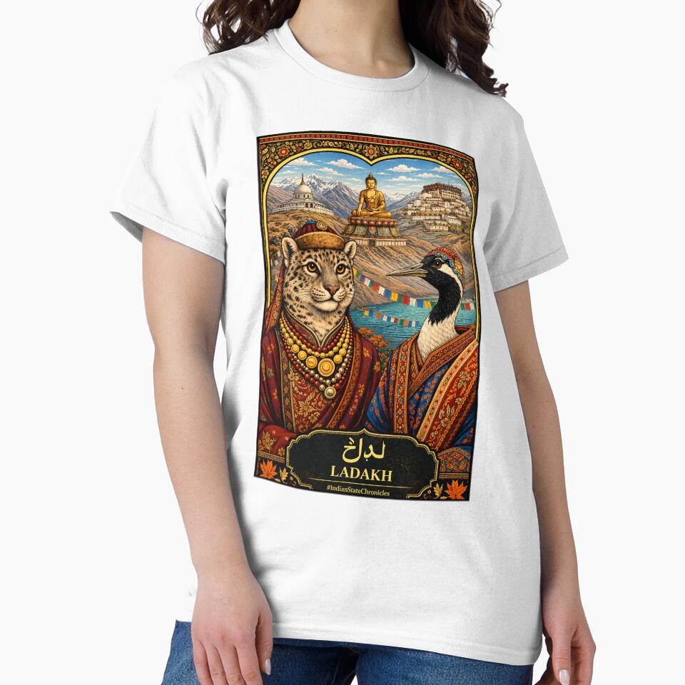 Ladakh T-Shirt | Heritage Snow Leopard & Black-Necked Crane Art | IndianStateChronicles by freezed-frames