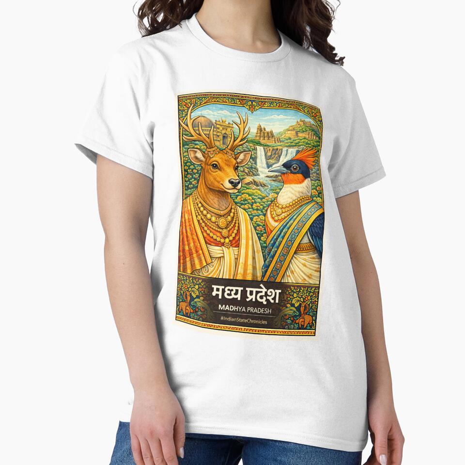 Madhya Pradesh T-Shirt | Heritage Swamp Deer (Barasingha) & Indian Paradise Flycatcher Art | IndianStateChronicles by freezed-frames