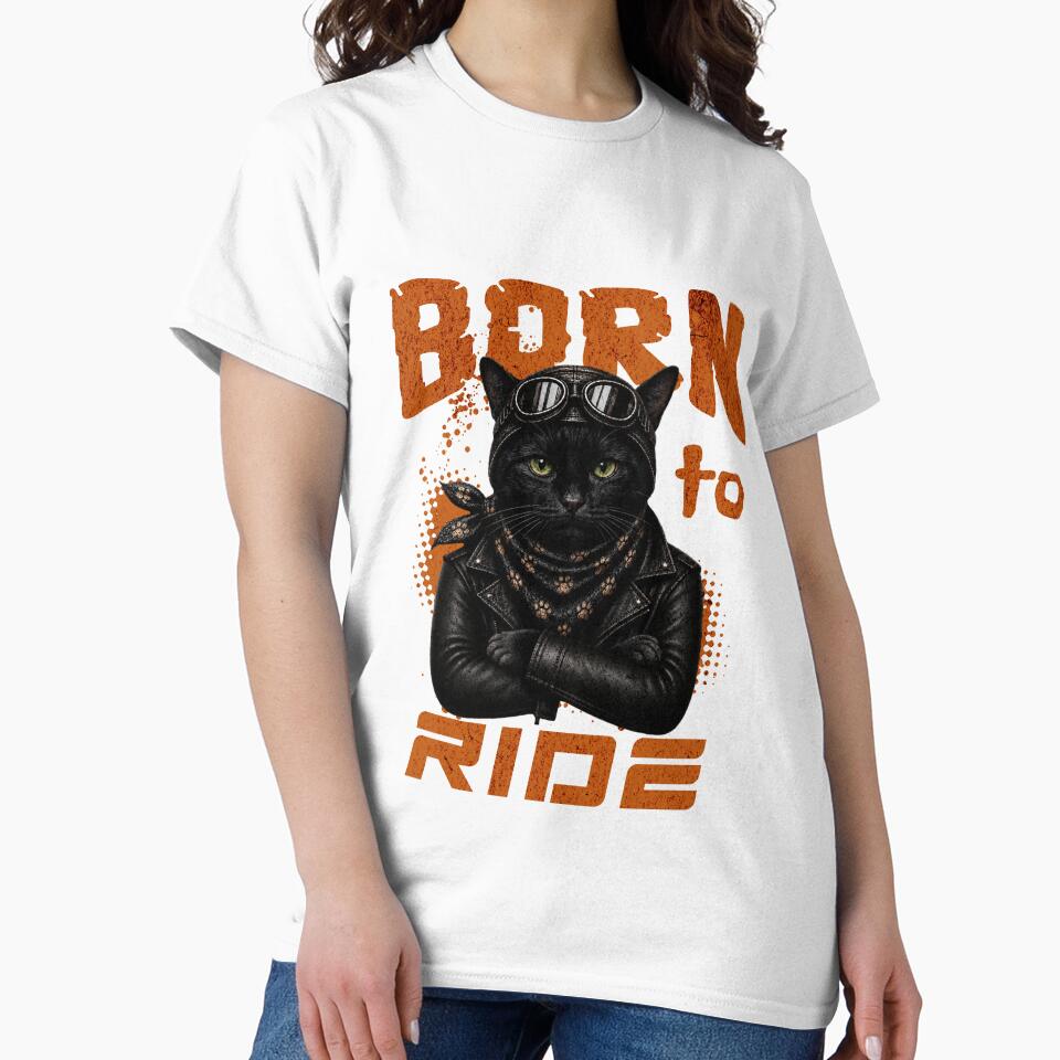 Black Cat Biker Design – Born To Ride Funny Motorcycle Black Cat by PixelsPaws