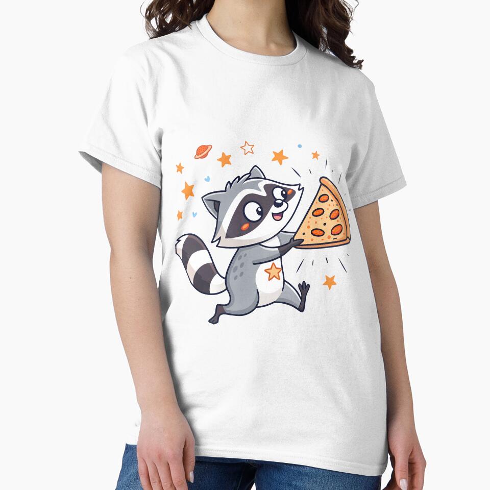 Mischievous Raccoon Stealing Pizza Minimalist Cartoon T-Shirt Design by Studio Atharv