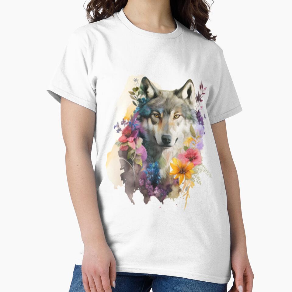 Majestic Wolf: A Watercolor Portrait Surrounded by Blooming Beauty by NathalieRached