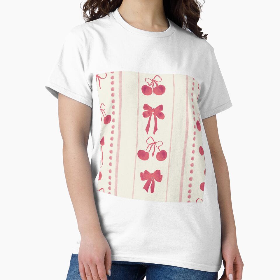 Deep Red Cute Coquette Preppy Aesthetic Bows and Cherries Stripes in Watercolor by aneladesigns