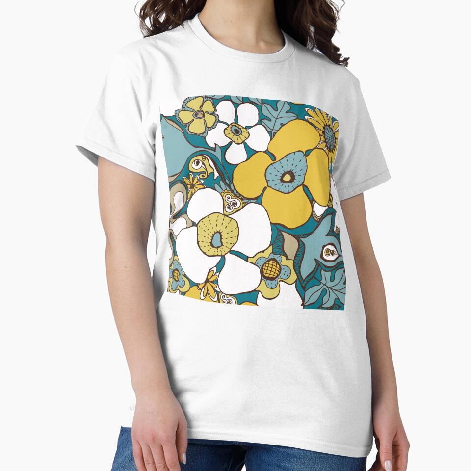 Floral Doodles in Teal Blue Brown White Mustard Yellow by Delinda Graphic Studio