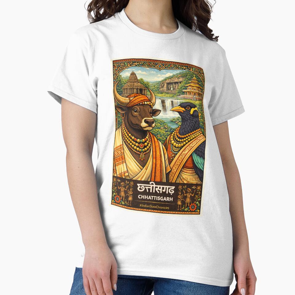 Chhattisgarh T-Shirt | Heritage Wild Buffalo & Hill Myna Art | IndianStateChronicles by freezed-frames
