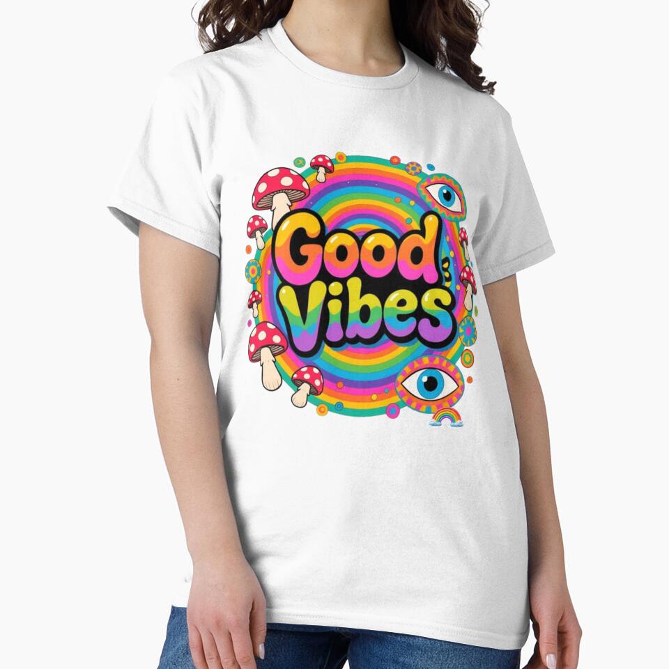 Good Vibes Retro Psychedelic Rainbow with Mushrooms and Eyes by Golden_Pixel_Paper