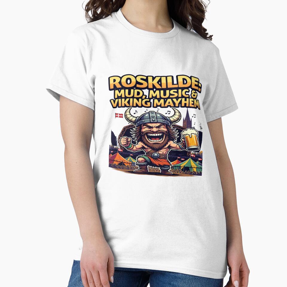 Roskilde Mud Music & Viking Mayhem T-Shirt | Funny Denmark Festival Viking Beer Graphic Tee by Sushikidsntod