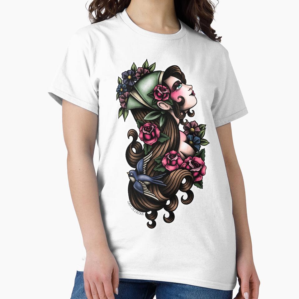 Flower Girl Aerith from Final Fantasy Tactics in American Traditional Tattoo Portrait Style by SamInJapan