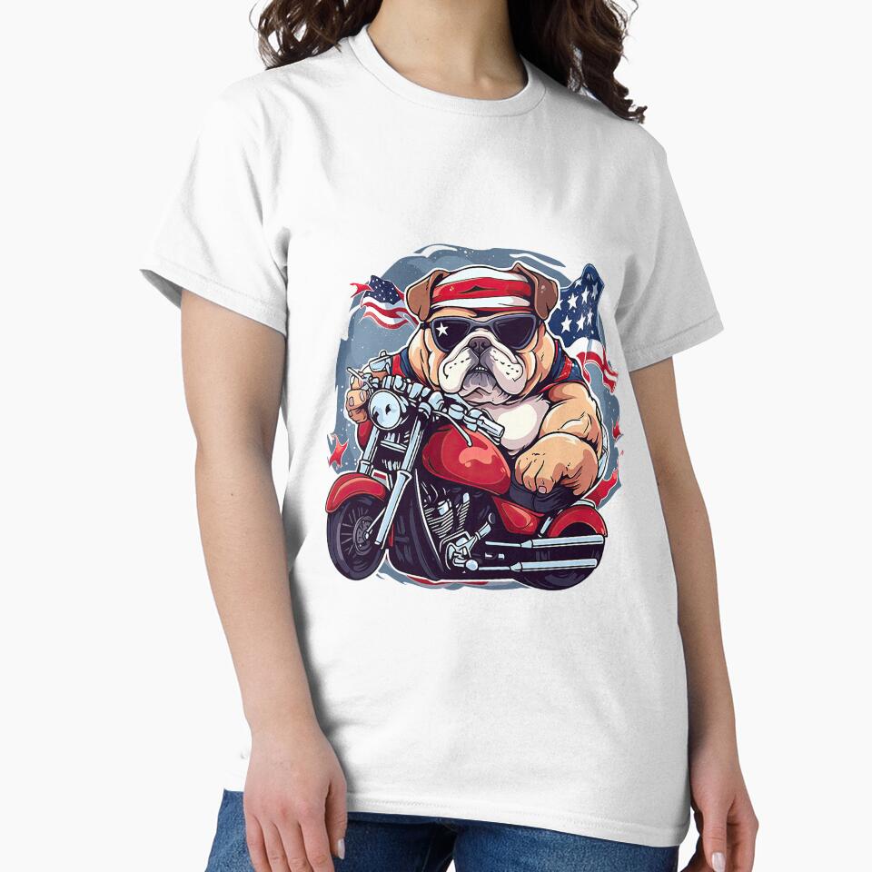 Patriotic bulldog with red motorcycle in front of USA flag by WallGemsArt