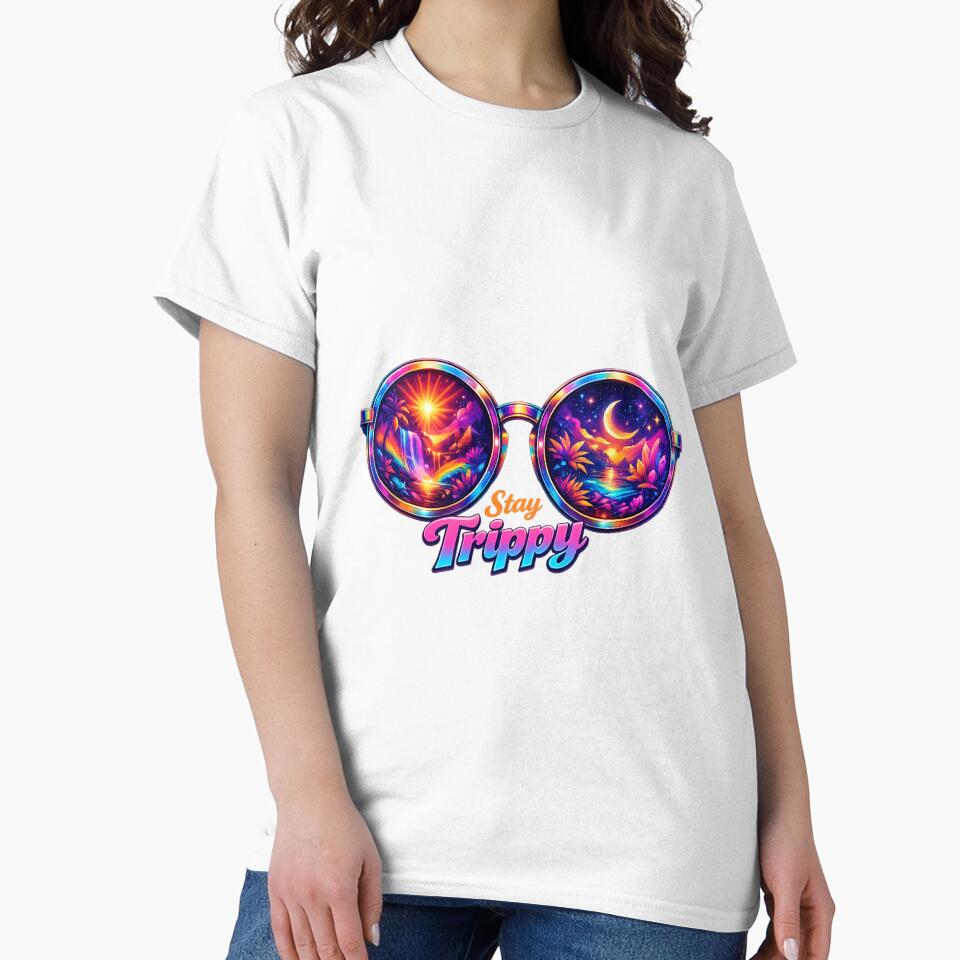Stay Trippy Psychedelic Sunglasses T-Shirt – Neon Retro Festival Art for Rave Fans & Trippy Aesthetic Lovers by GemBob Creations
