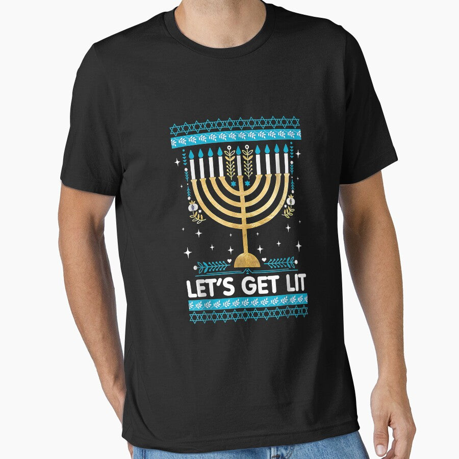 Let's Get Lit Menorah Christmas Hanukkah Jewish Ugly Sweater T-Shirt by jeanachrpl1