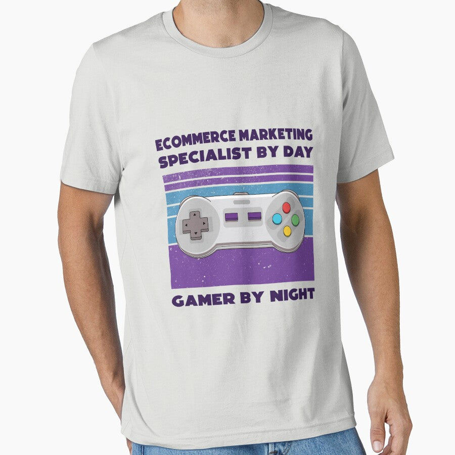 Ecommerce marketing specialist by day gamer by night, dark text, funny games lovers, humor, joke, meme, gamer worker, ecommerce marketing specialist job, marketing department by SGS-