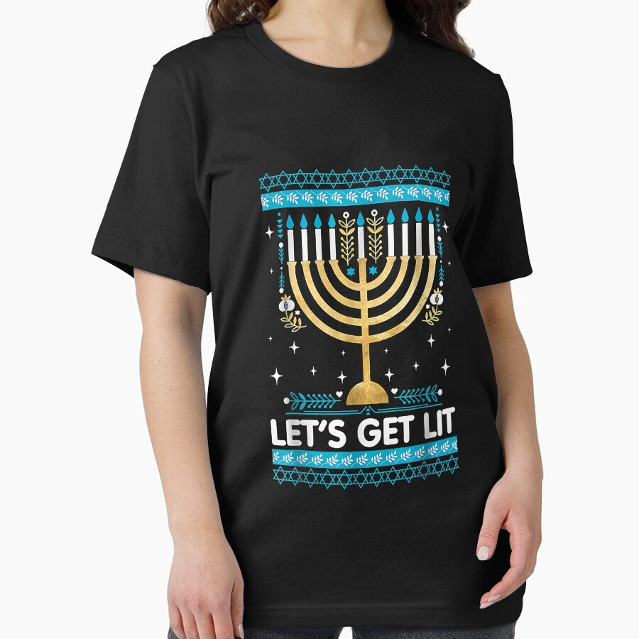 Let's Get Lit Menorah Christmas Hanukkah Jewish Ugly Sweater T-Shirt by jeanachrpl1