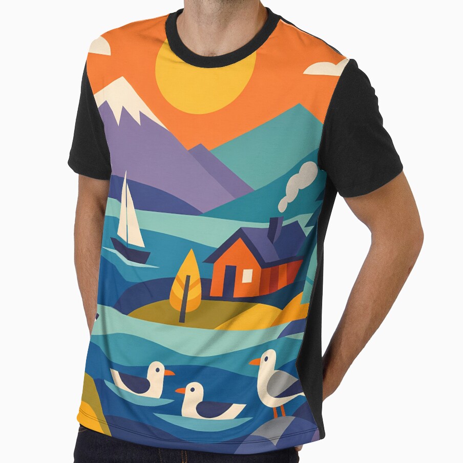 Scandi Lake Landscape with Fox, Yacht and Cabin by InkSmithery