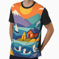 Scandi Lake Landscape with Fox, Yacht and Cabin by InkSmithery