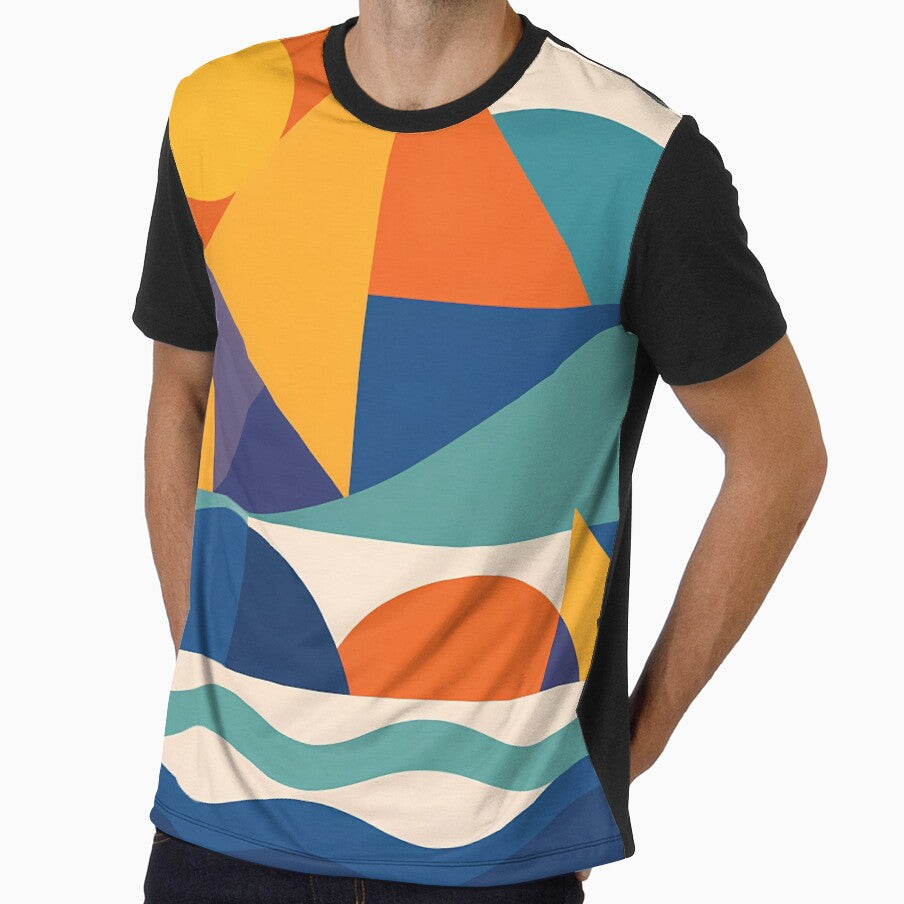 Geometric Coastal Landscape with Sun and Waves by InkSmithery