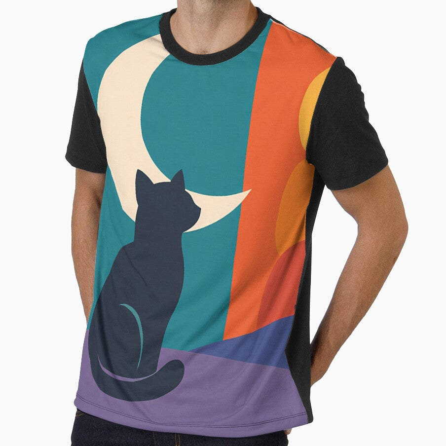 Cat Silhouette with Crescent Moon and Sunset Forms by InkSmithery