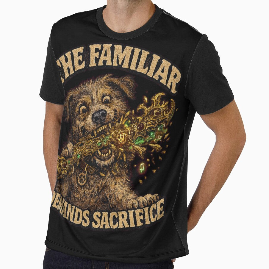 Funny Pet Tax Dog Chewing Legendary Staff Familiar demands Sacrifice Retro 70s Comic Art Tee by Mythic Ink Studio