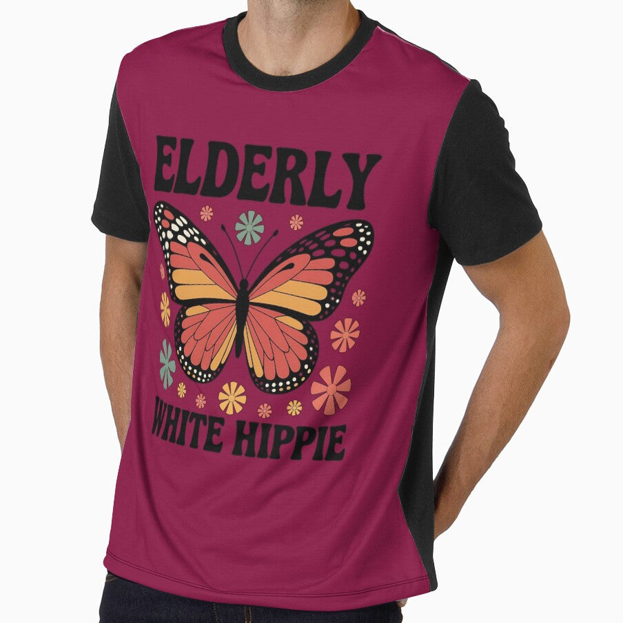Elderly White Hippie Retro Men’s Butterfly T-Shirt by LunaSpellStudio