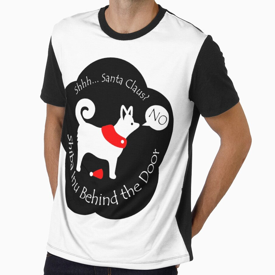 Funny Shiba Inu Santa Claus Behind the Door Black Base by Na7nasColorShop