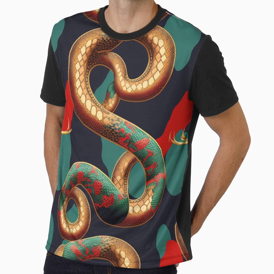 Golden snakes on a red and emerald background. Designer gold snake print. Exclusive and luxurious serpent wallpaper print. by justinasv775