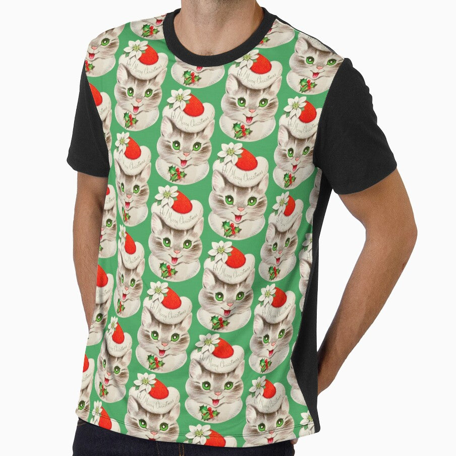 Vintage Merry Christmas Cat In Christmas Hat With White Poinsettia by yellowcat2019