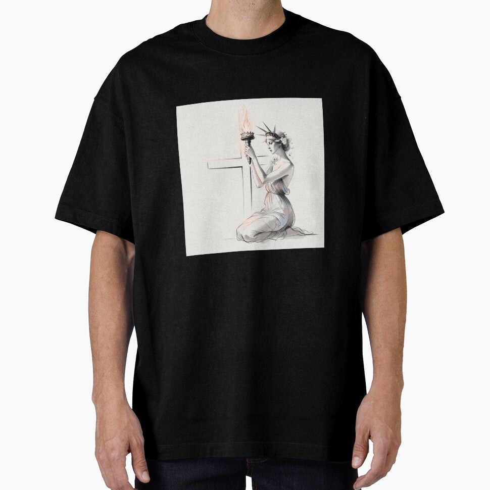 Lady Liberty Kneeling Before Cross by MKThreadsStudio