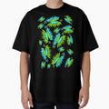 Whimsical Flower Pods Pattern Blue Green Garden Art With Black Background Hand Drawn by H3designs