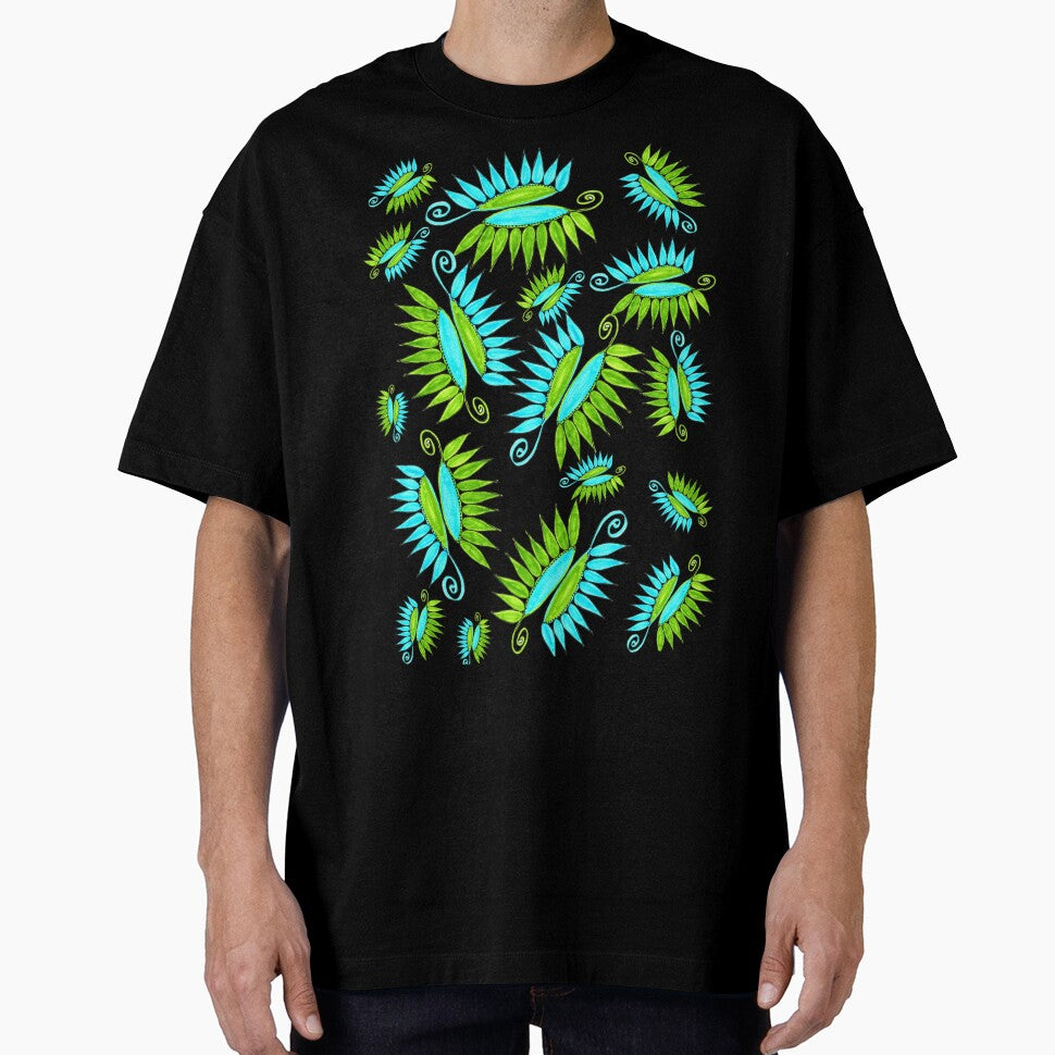 Whimsical Flower Pods Pattern Blue Green Garden Art With Black Background Hand Drawn by H3designs