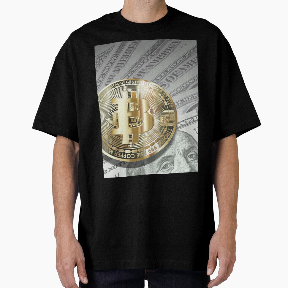 Bitcoin with dollar bills, cryptocurrency concept by ivanoel