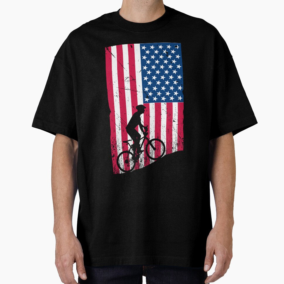USA mountain biking on distressed USA flag by Gerald Waters