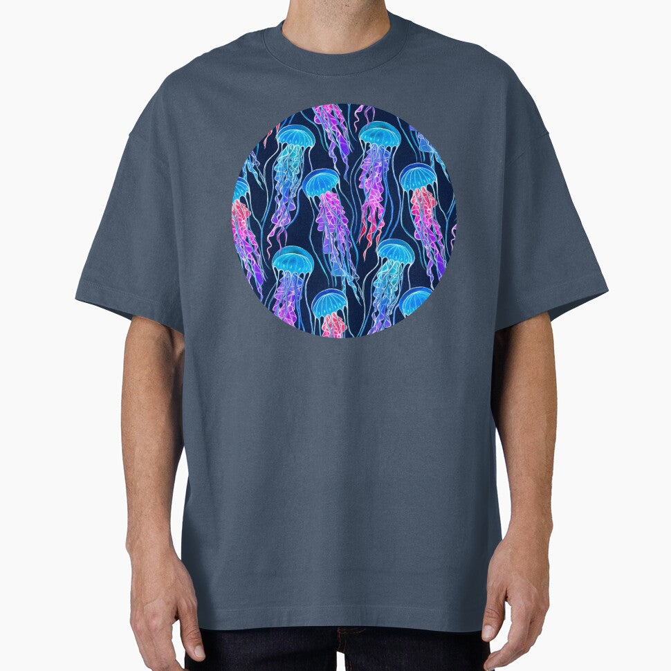 Luminescent Rainbow Jellyfish on Navy Blue by micklyn
